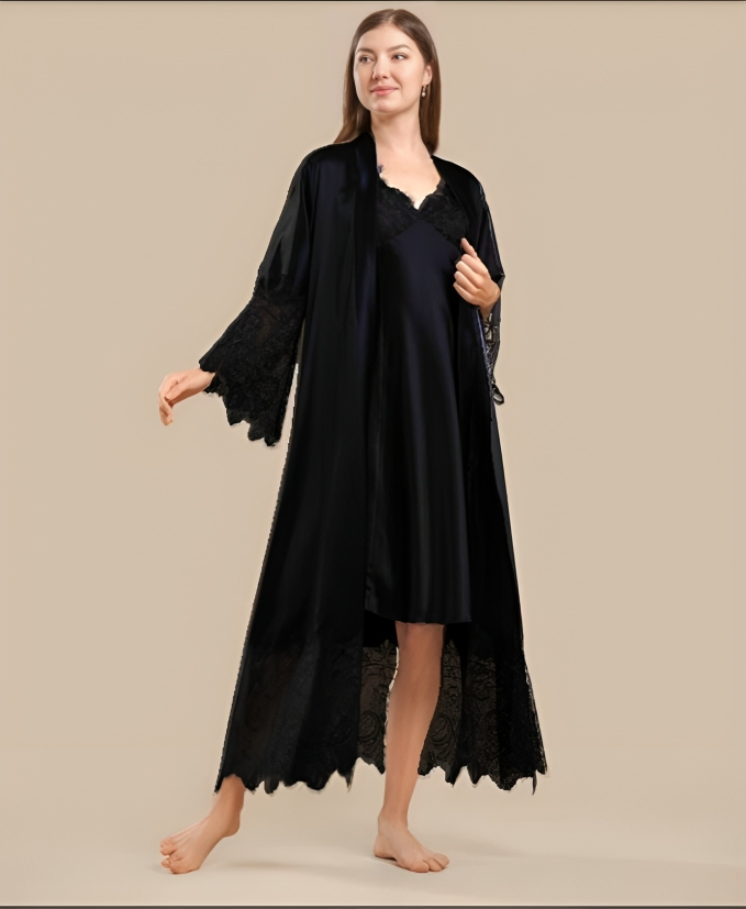 Long Satin & Lace Nightdress & Robe Set (😍Flat 50% Off😍)